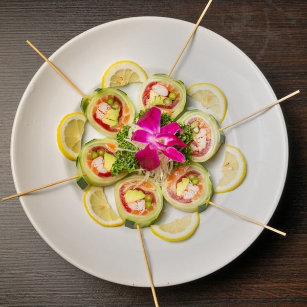 Sushi Alive's cucumber-wrapped sushi rolls with crab, avocado, and salmon, garnished with lemon and an orchid.