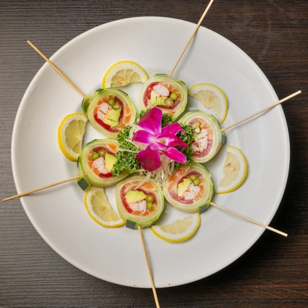 Cucumber-wrapped sushi rolls with crab, avocado, and salmon, garnished with lemon and an orchid.
