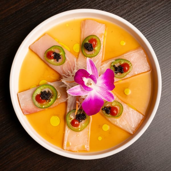 Sushi Alive's yellowtail sashimi with jalapeño, caviar, and a purple orchid garnish.